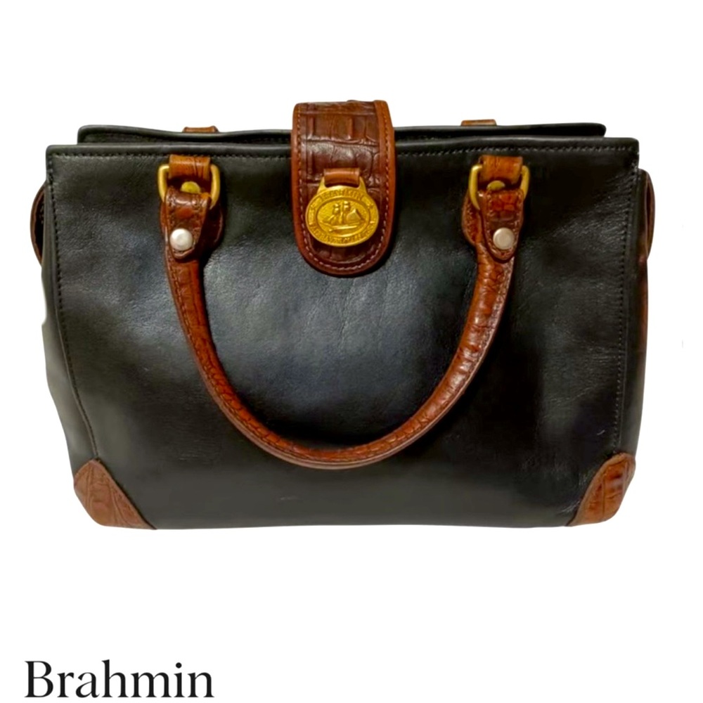 Brahmin Black And Brown Vintage Leather W Crocodile Handbag